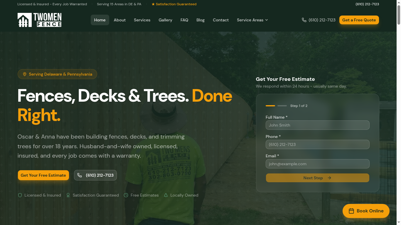 Two Men Fence contractor website with free estimate forms and online booking