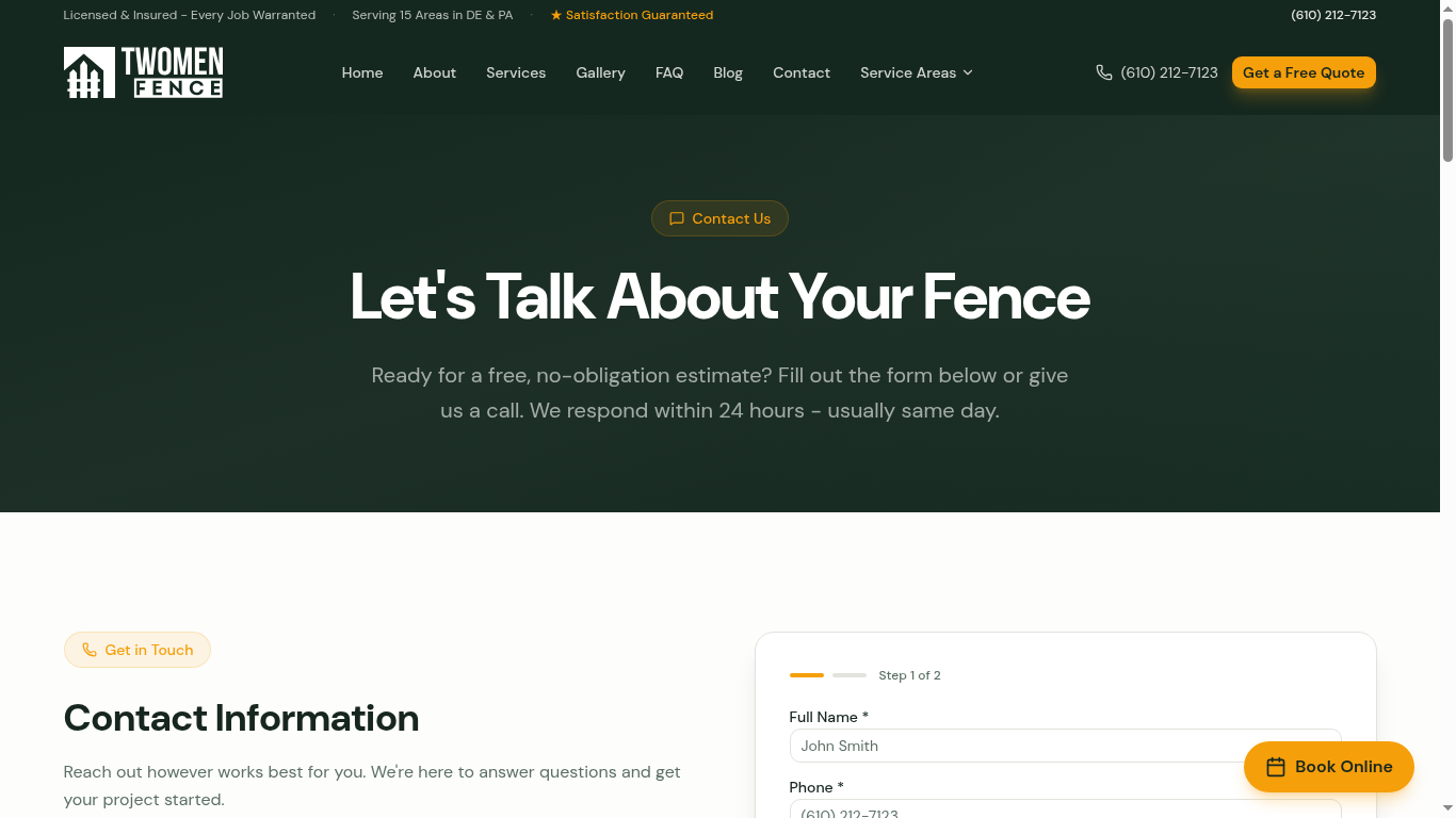Two Men Fence contact page with estimate request form