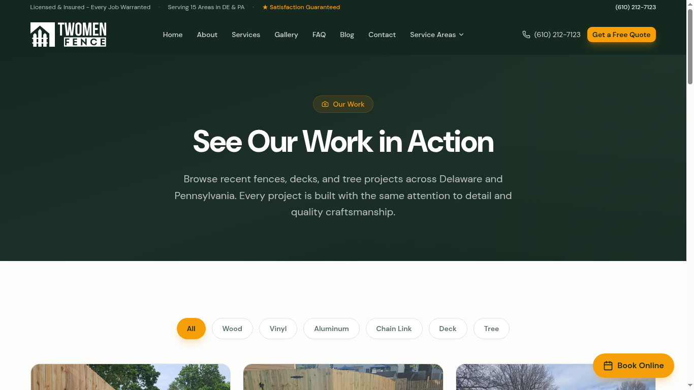 Two Men Fence filterable project gallery with fence, deck, and tree categories