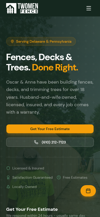 Two Men Fence website mobile view