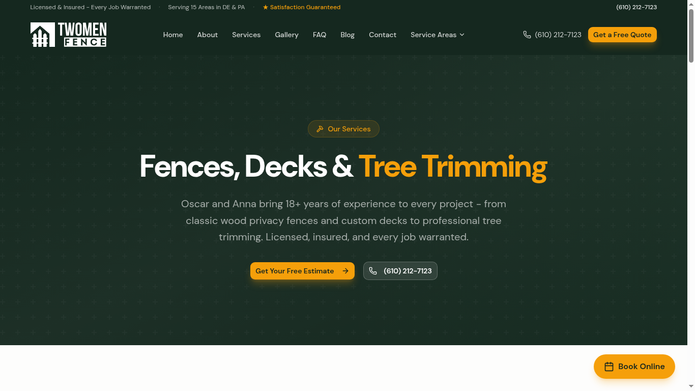Two Men Fence services page showing fences, decks, and tree trimming