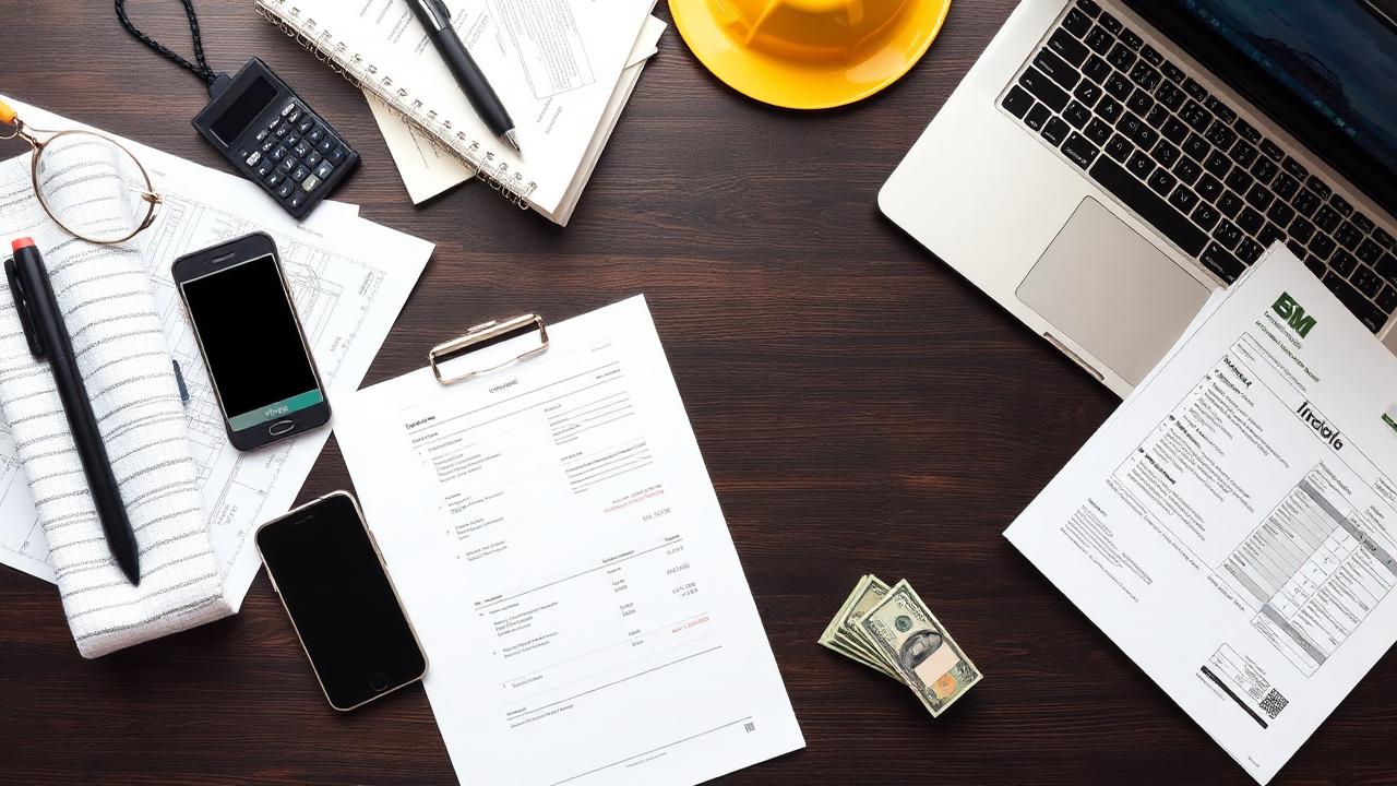 Contractor business tools and invoices on desk