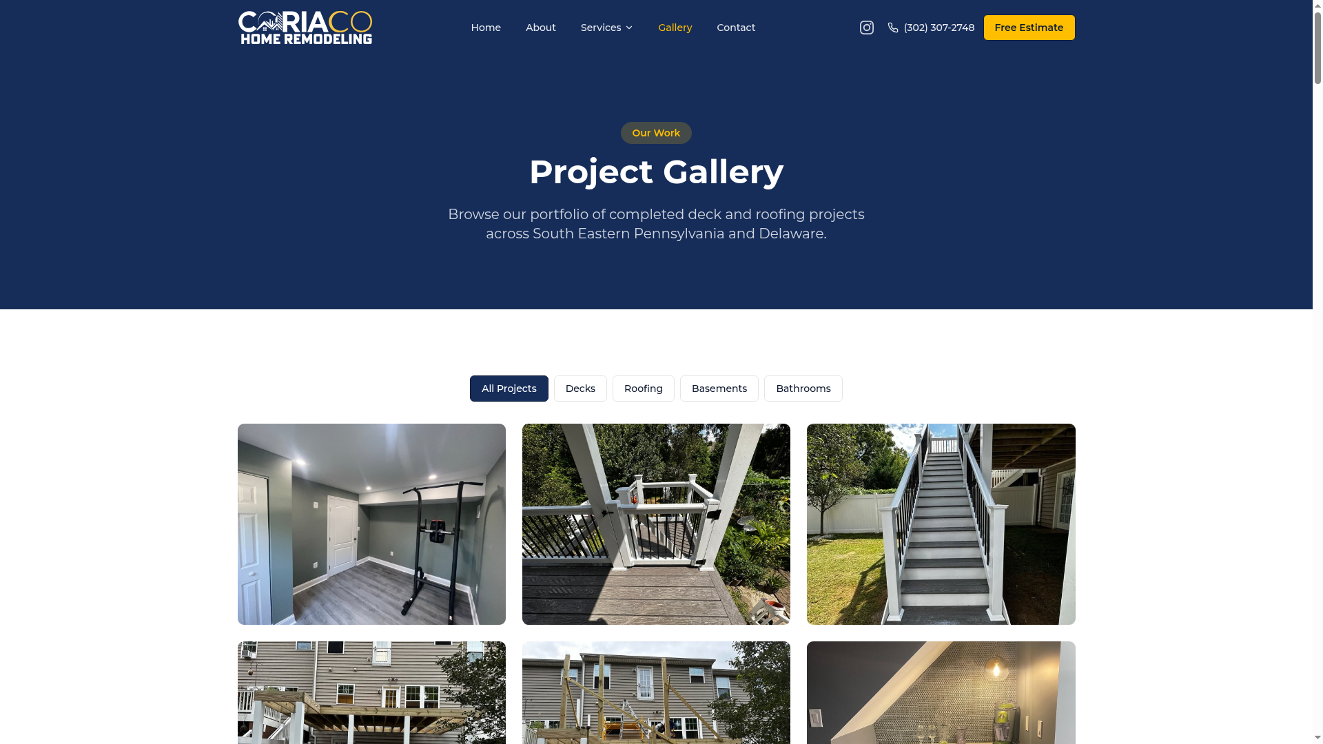 CoriaCo project gallery showcasing decks, roofing, and remodeling work