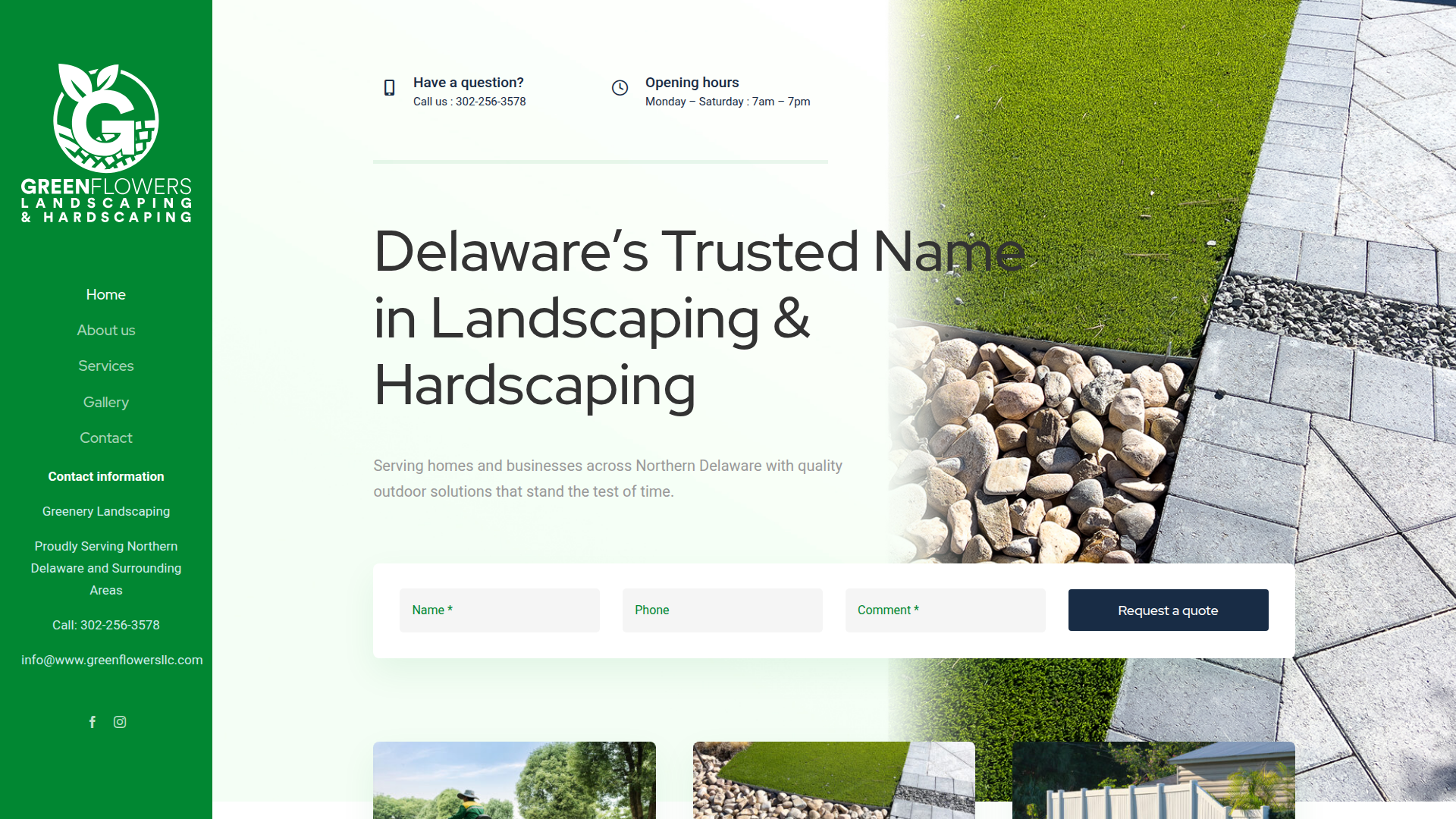 Landscaping company website example with hardscaping services and quote forms