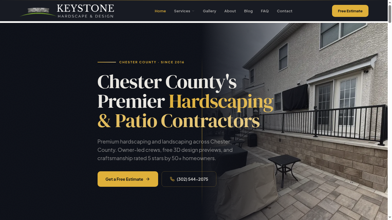 Keystone Hardscape Design contractor website with project gallery and estimate forms