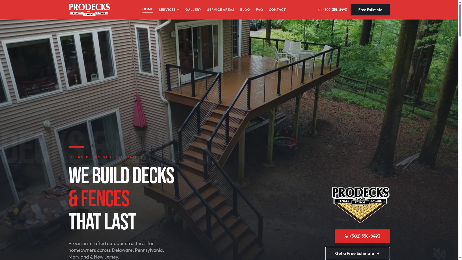 ProDecks Delaware deck contractor website with service area pages and online booking