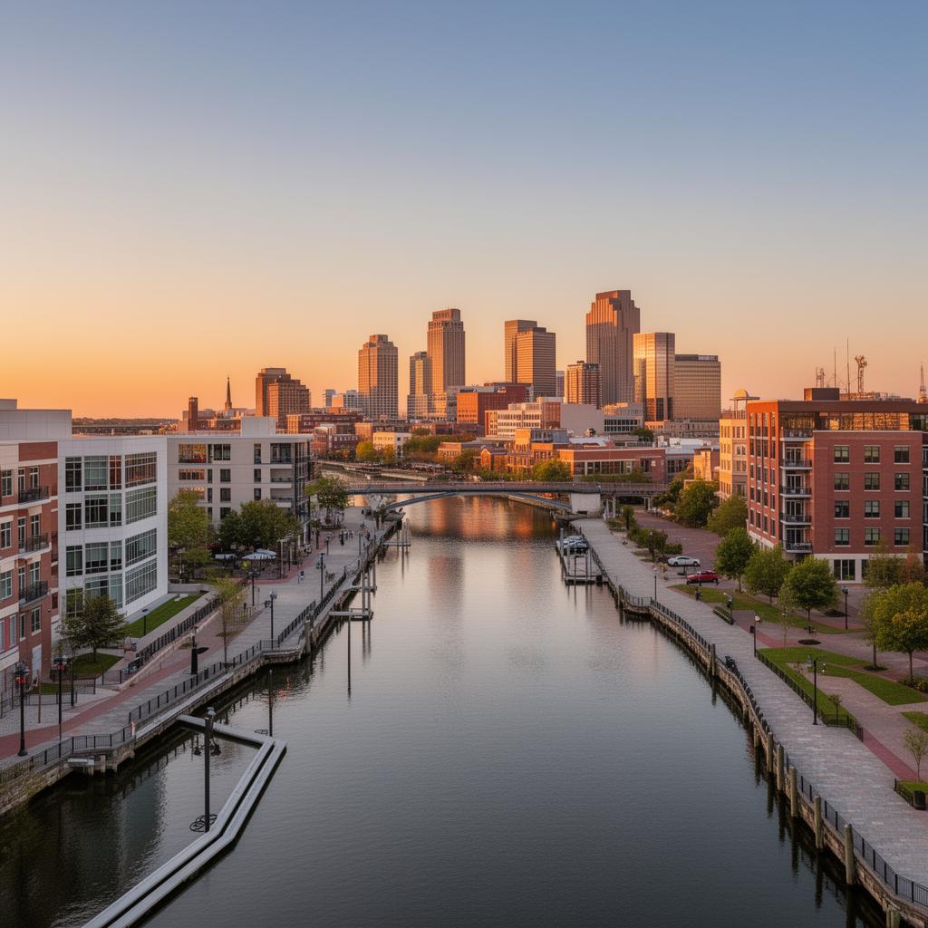 Wilmington Delaware riverfront at golden hour